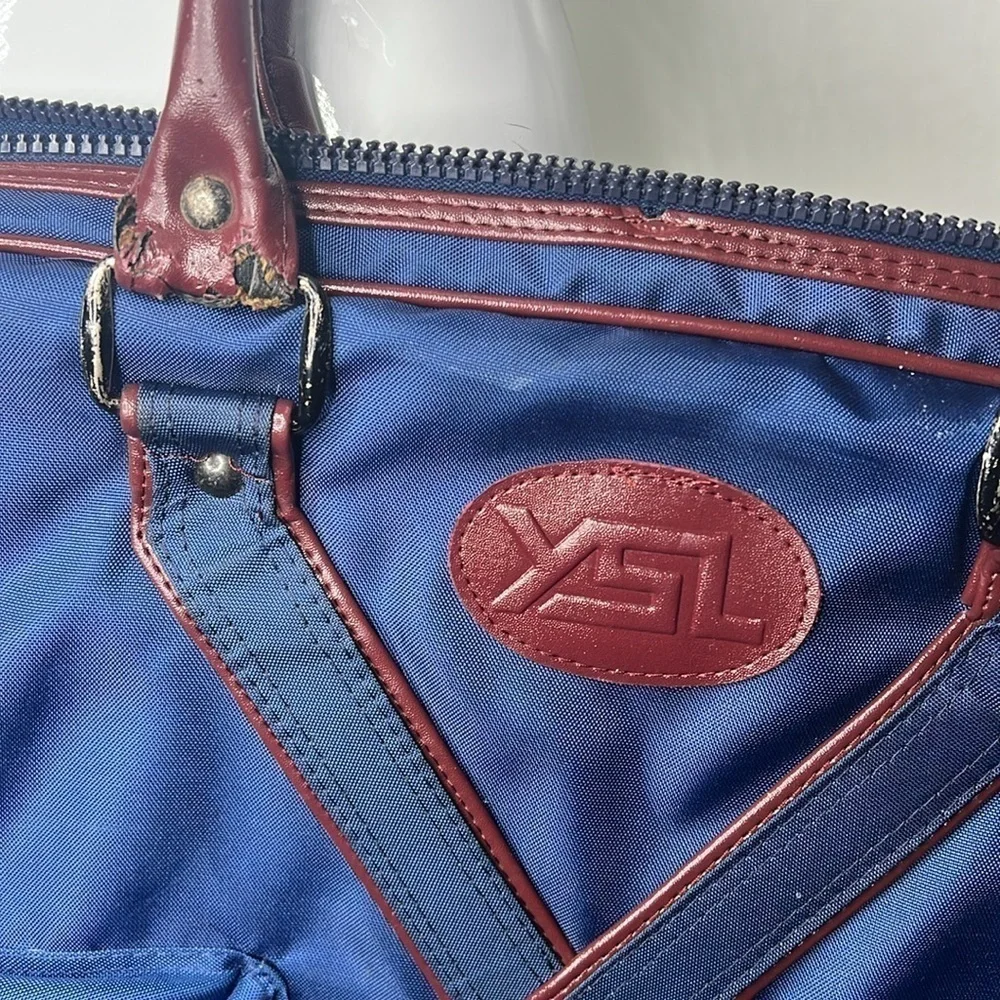 YSL Yves Saint Laurent 1970’s Blue Nylon Logo Folding Zip Around Garment Bag